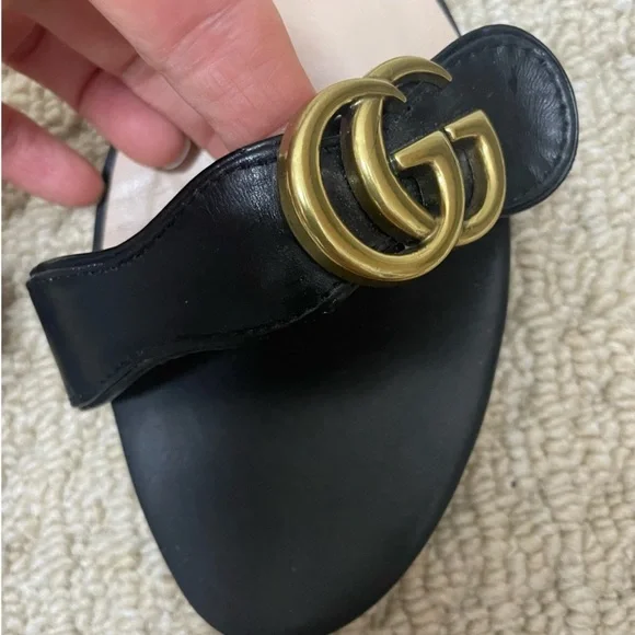 Gucci Marmont Sandals Flat Black Leather Interlocking GG Size 41 - Picture 9 of 15